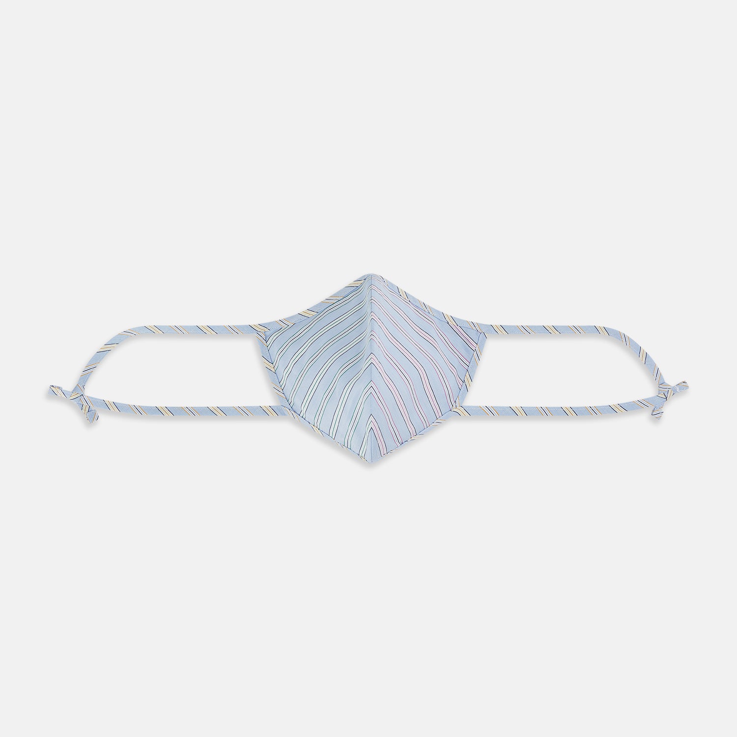 View 1 of product The Turnbull & Asser UK Blue, Pink & Yellow Striped Cotton Commuter Mask is displayed on a white background, and features adjustable ear loops for a comfortable fit. This stylish face-covering accommodates three included VIROFORMULA™ filters, making it a versatile accessory reminiscent of the Blue & White Linen Check Commuter Mask.