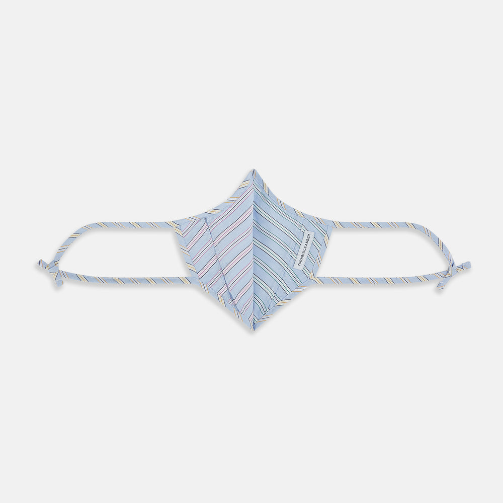 The Turnbull & Asser UK Blue, Pink & Yellow Striped Cotton Commuter Mask is displayed on a white background, and features adjustable ear loops for a comfortable fit. This stylish face-covering accommodates three included VIROFORMULA™ filters, making it a versatile accessory reminiscent of the Blue & White Linen Check Commuter Mask.