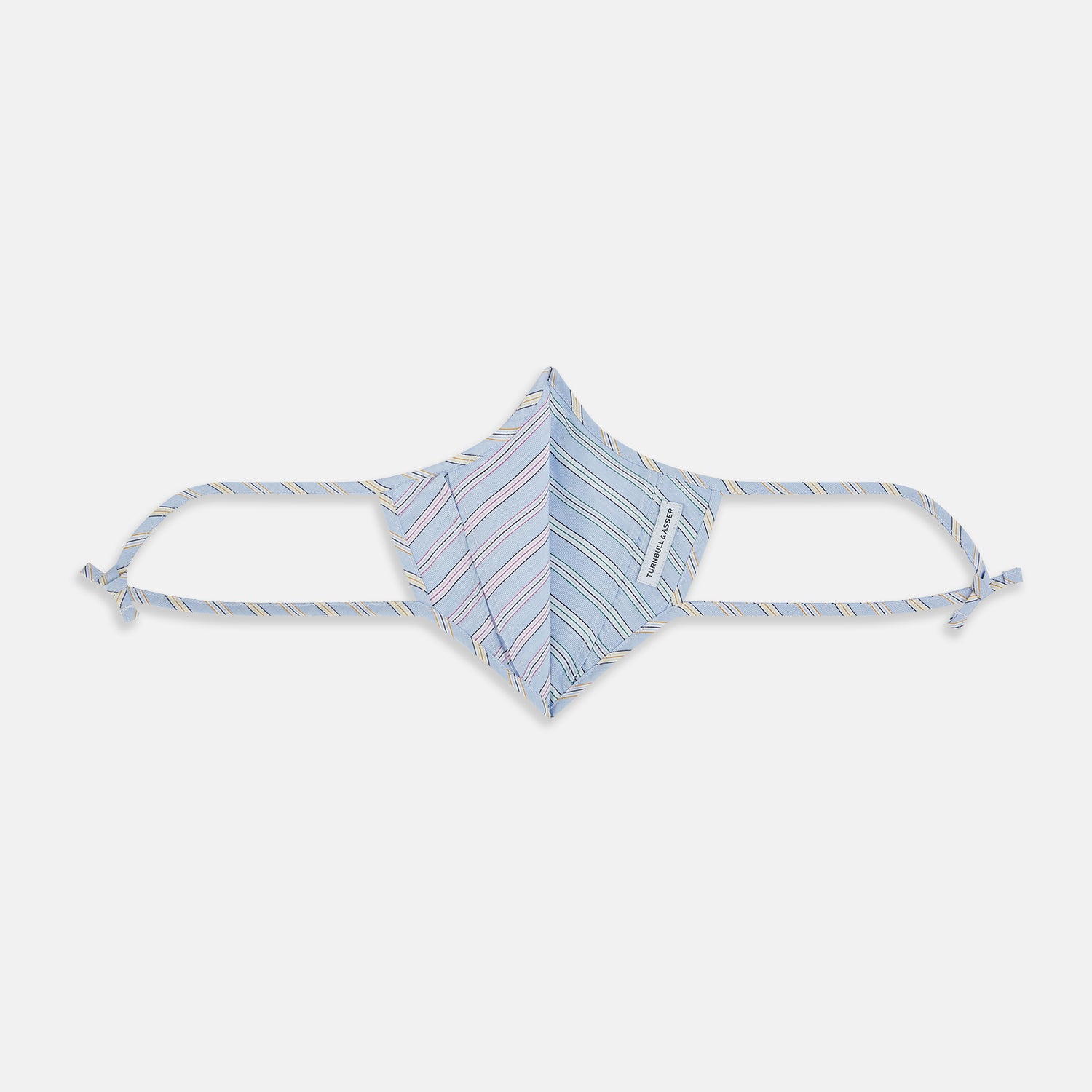 View 2 of product The Turnbull & Asser UK Blue, Pink & Yellow Striped Cotton Commuter Mask is displayed on a white background, and features adjustable ear loops for a comfortable fit. This stylish face-covering accommodates three included VIROFORMULA™ filters, making it a versatile accessory reminiscent of the Blue & White Linen Check Commuter Mask.
