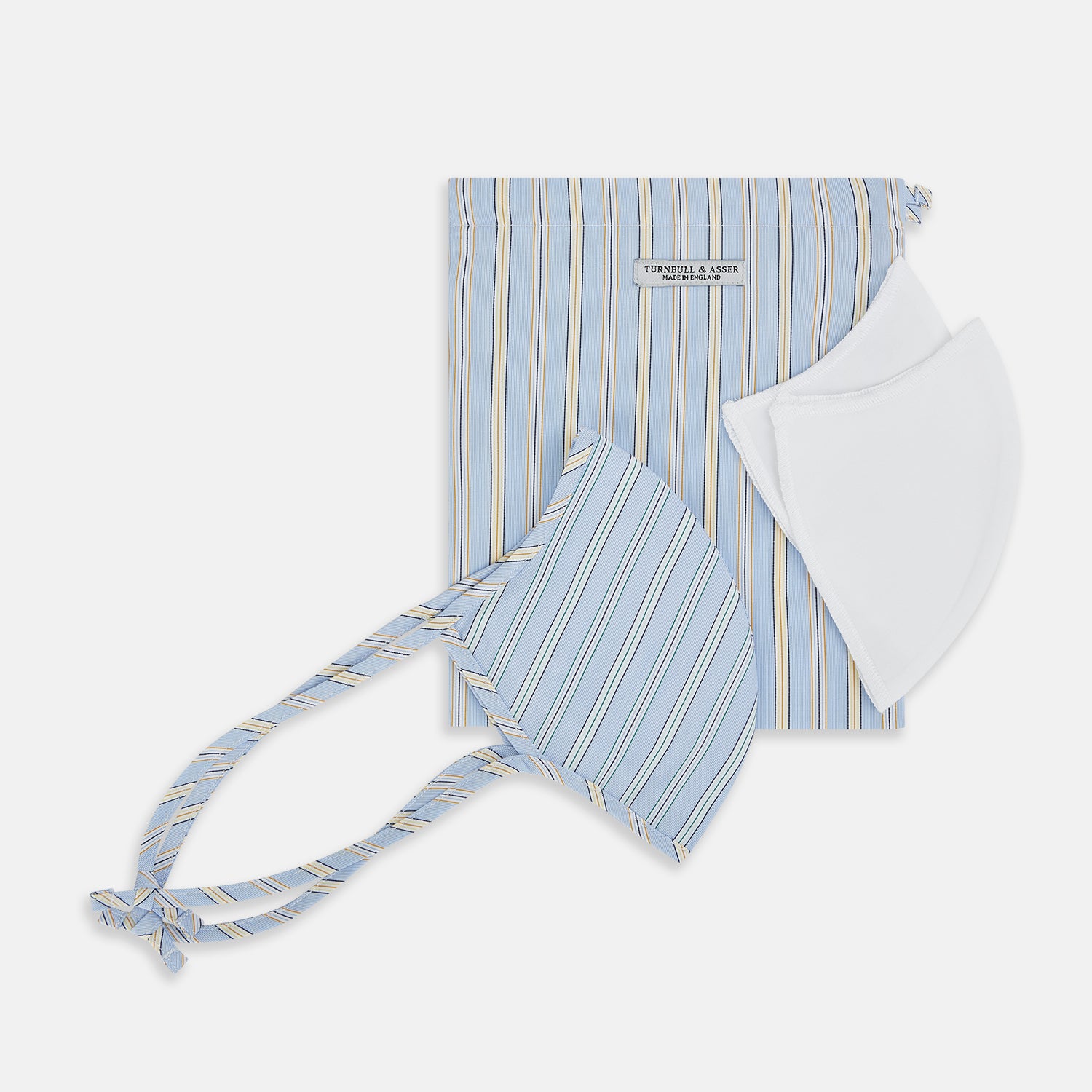 View 3 of product The Turnbull & Asser UK Blue, Pink & Yellow Striped Cotton Commuter Mask is displayed on a white background, and features adjustable ear loops for a comfortable fit. This stylish face-covering accommodates three included VIROFORMULA™ filters, making it a versatile accessory reminiscent of the Blue & White Linen Check Commuter Mask.