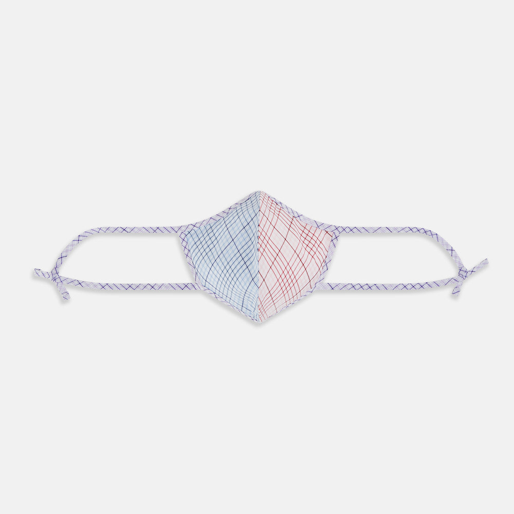 The Turnbull & Asser UK Blue, Pink & Yellow Striped Cotton Commuter Mask is displayed on a white background, and features adjustable ear loops for a comfortable fit. This stylish face-covering accommodates three included VIROFORMULA™ filters, making it a versatile accessory reminiscent of the Blue & White Linen Check Commuter Mask.
