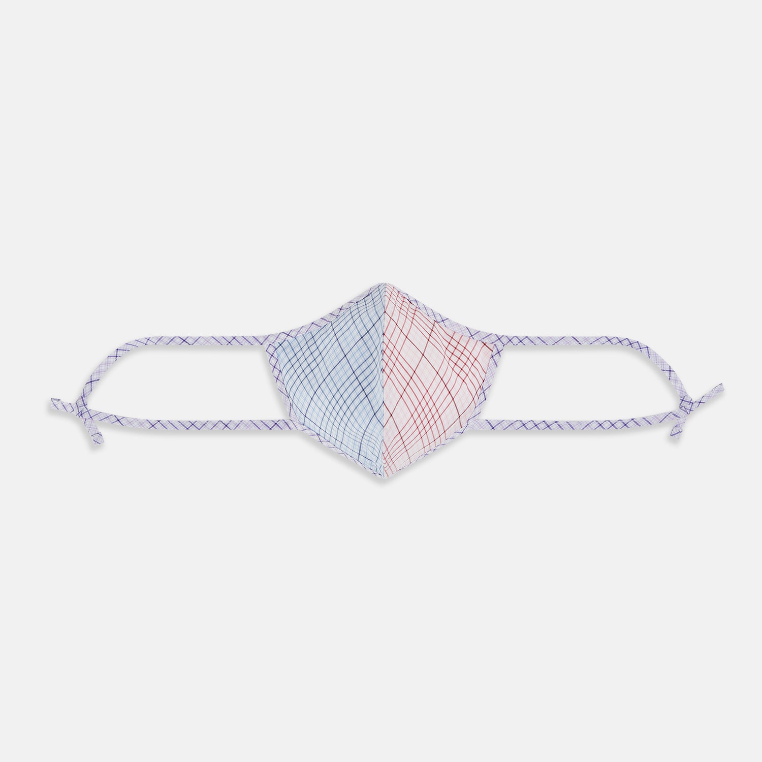View 1 of product Introducing the Blue, Pink & Purple Checked Cotton Commuter Mask from Turnbull & Asser UK. This adjustable face covering features a vibrant checked pattern in blue, pink, and purple on soft cotton. The mask includes matching fabric straps finished with elegant bows at each end and comes with 3 VIROFORMULA™ filters for added protection.