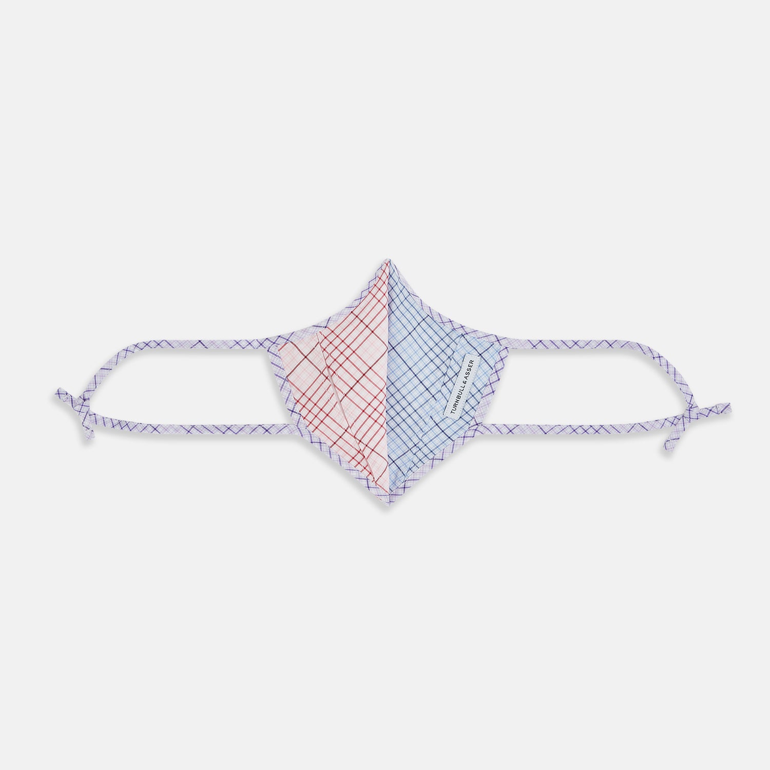 View 5 of product The Turnbull & Asser UK Blue, Pink & Yellow Striped Cotton Commuter Mask is displayed on a white background, and features adjustable ear loops for a comfortable fit. This stylish face-covering accommodates three included VIROFORMULA™ filters, making it a versatile accessory reminiscent of the Blue & White Linen Check Commuter Mask.