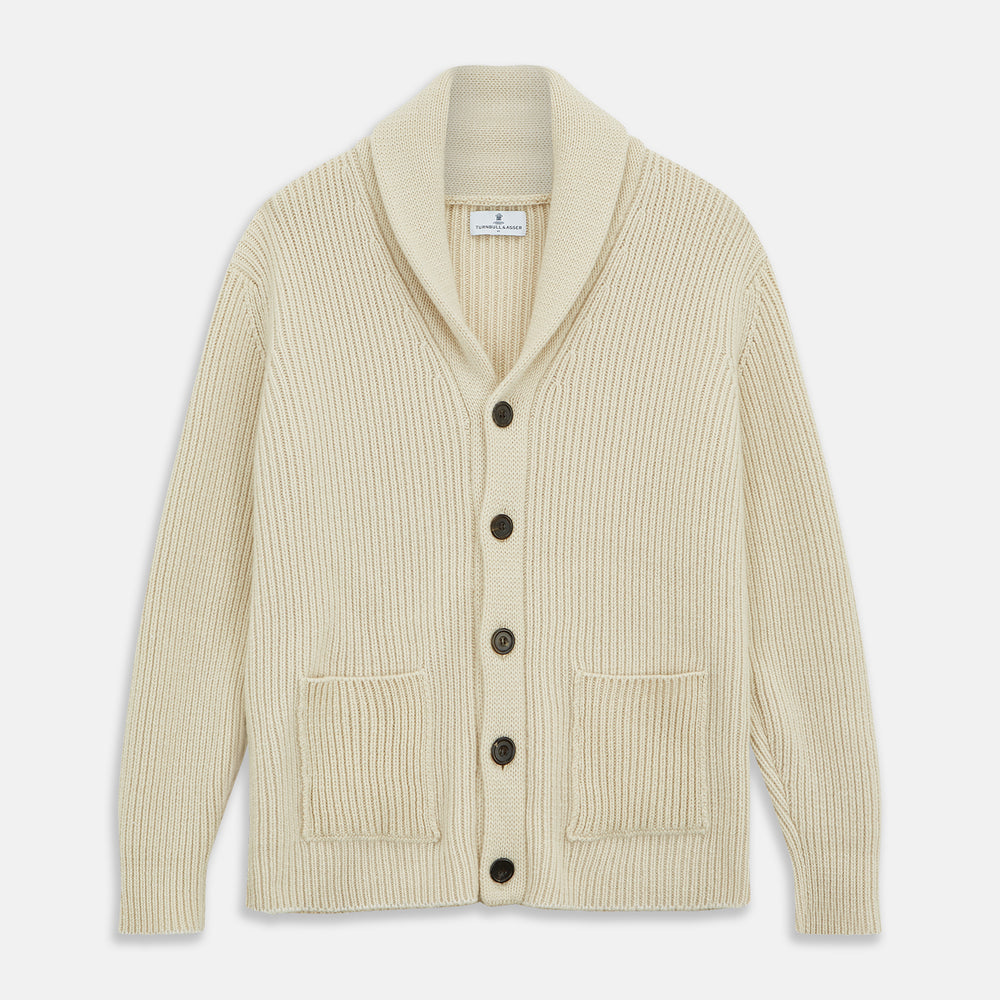 Antique White Ribbed Shawl Neck Cardigan