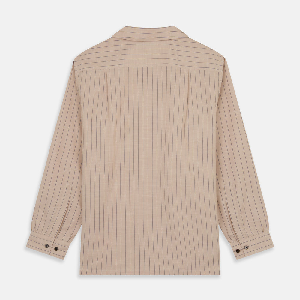 Beige Stripe Cotton Holiday Fit Shirt with Revere Collar & Single Button Cuff
