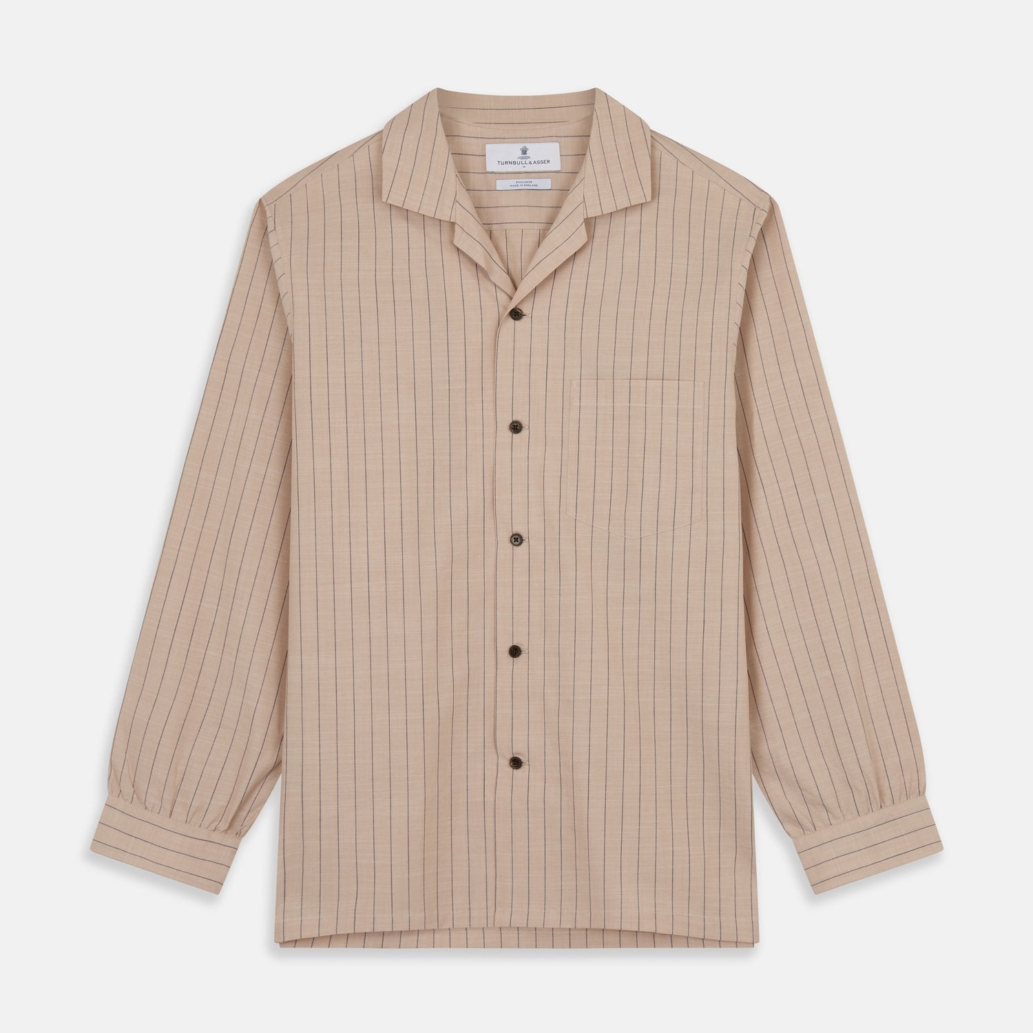 Image 2 of product Beige Stripe Cotton Holiday Fit Shirt with Revere Collar & Single Button Cuff