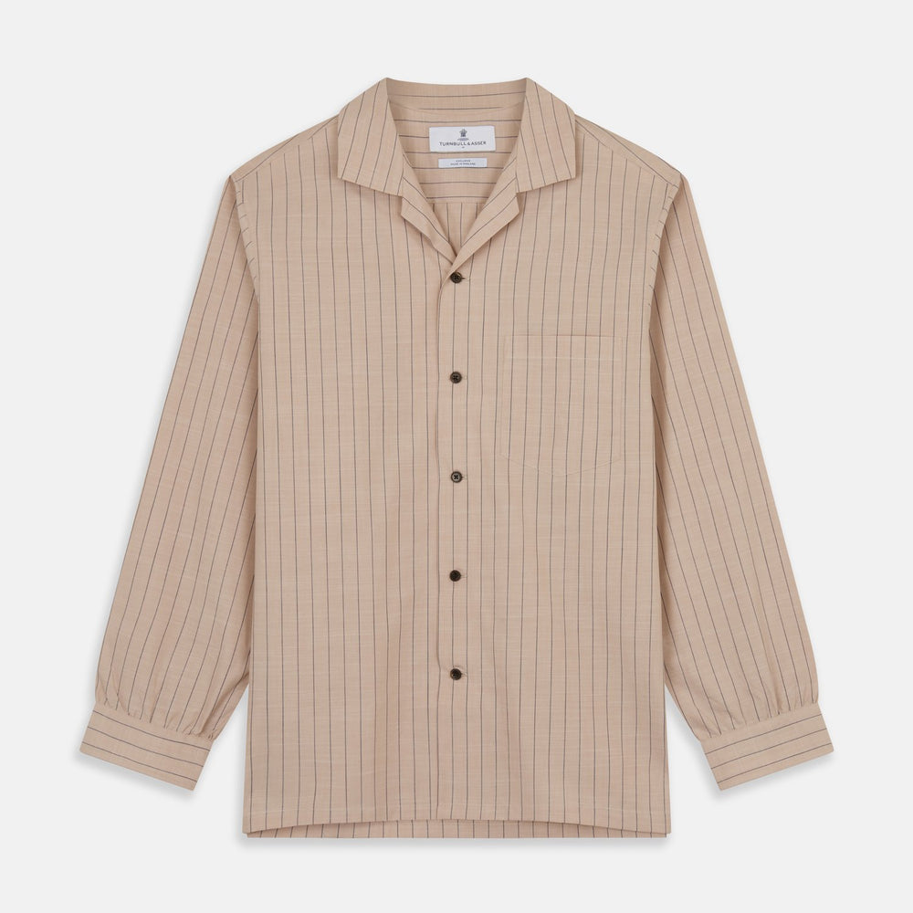 Beige Stripe Cotton Holiday Fit Shirt with Revere Collar & Single Button Cuff