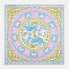View 1 of product The Turnbull & Asser Green Multi Griffins Silk Pocket Square features blue mythical griffins at the center and decorative pink, gold, and blue borders—an ideal accessory for autumn ensembles.