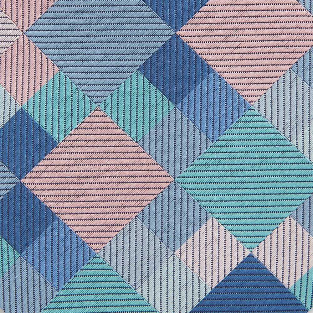 The Green Multi Pixel Silk Tie by Turnbull & Asser features a checked pattern in blue, teal, and pink on a light background, with diagonal stripes in each square for added texture.