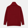View 3 of product The Turnbull & Asser Burgundy Cashmere Ribbed Shawl Neck Ainsley Cardigan, featuring a button closure and two front pockets, is displayed flat on a white background.