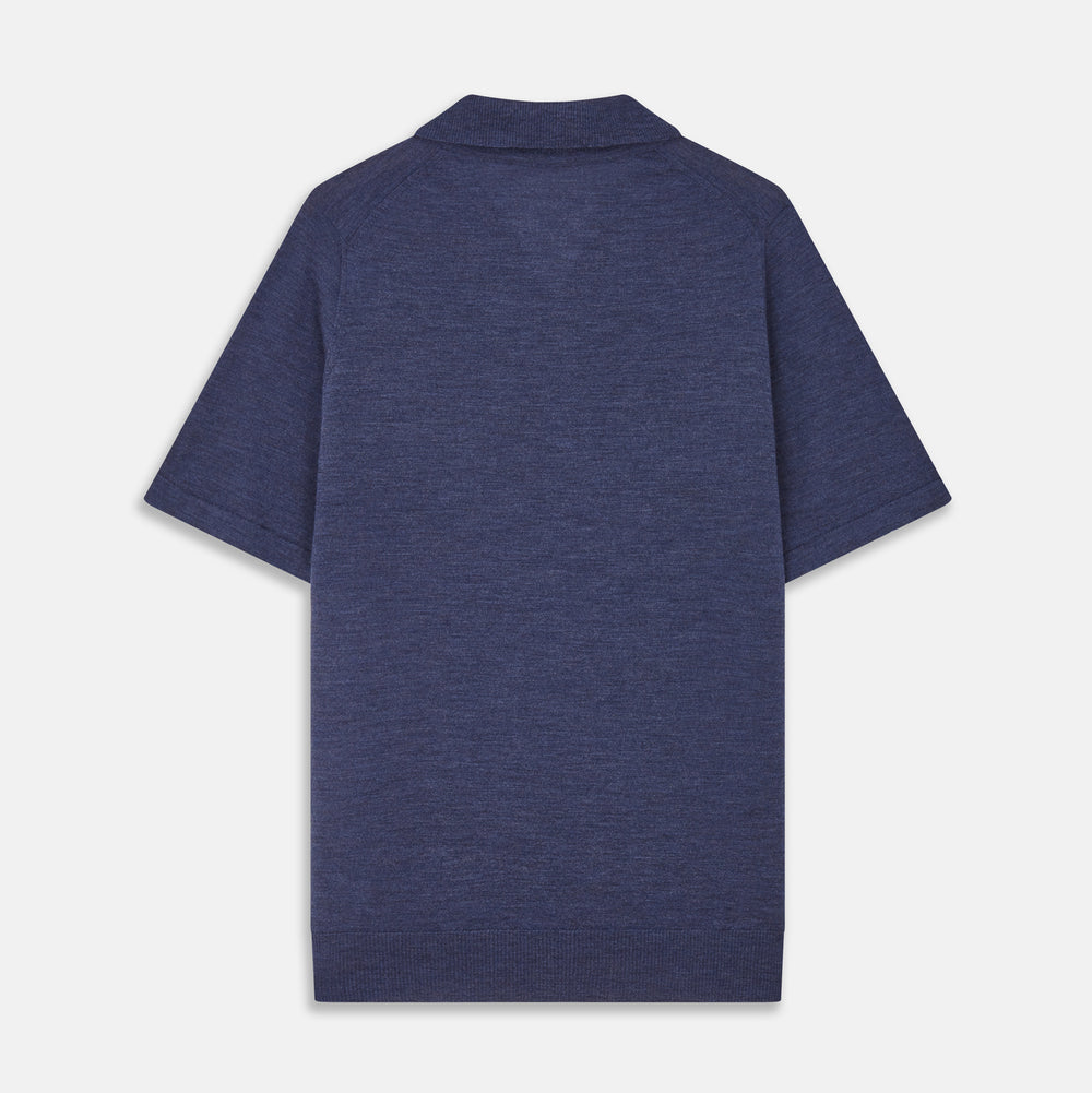 Turnbull & Asser Blue Merino Wool Roland Polo Shirt with short sleeves and an open collar, shown flat on a white background.