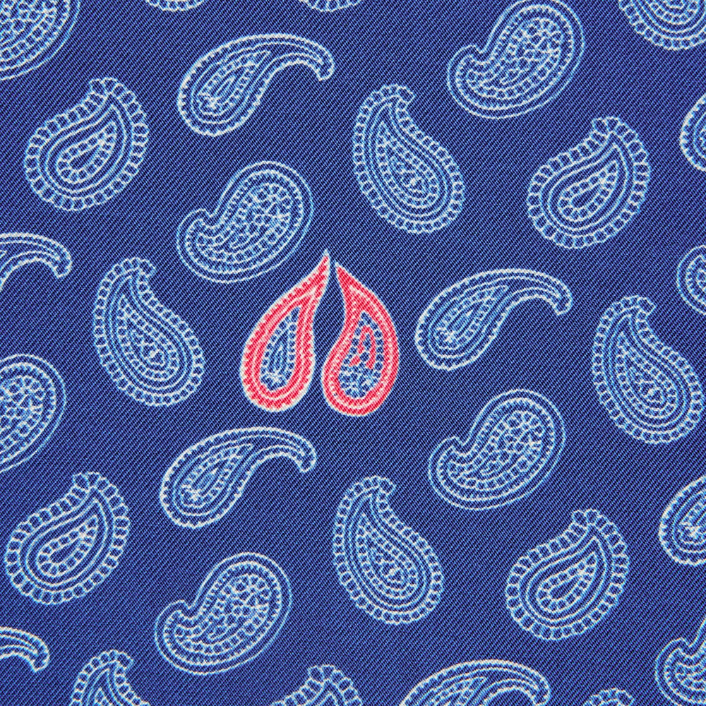 The Navy Multi Valentines Day Special Silk Pocket Square from Turnbull & Asser features a blue base with white and pink paisley motifs, a decorative border, and a discreet logo—an elegant gift for Valentine’s Day.