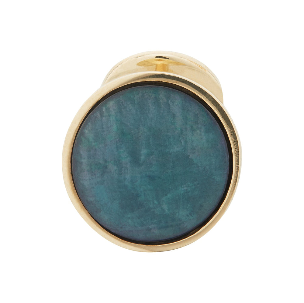 Turnbull & Asser's Gold and Navy Mother of Pearl Cufflinks feature iridescent blue-green stone inlays—ideal for enhancing any double cuff shirt—shown on a plain white background.