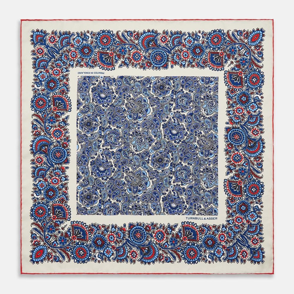White and Blue Garden Paisley Silk Pocket Square