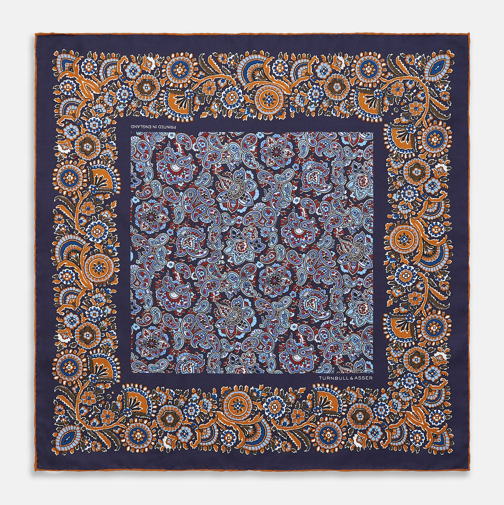 Blue and Orange Garden Paisley Silk Pocket Square