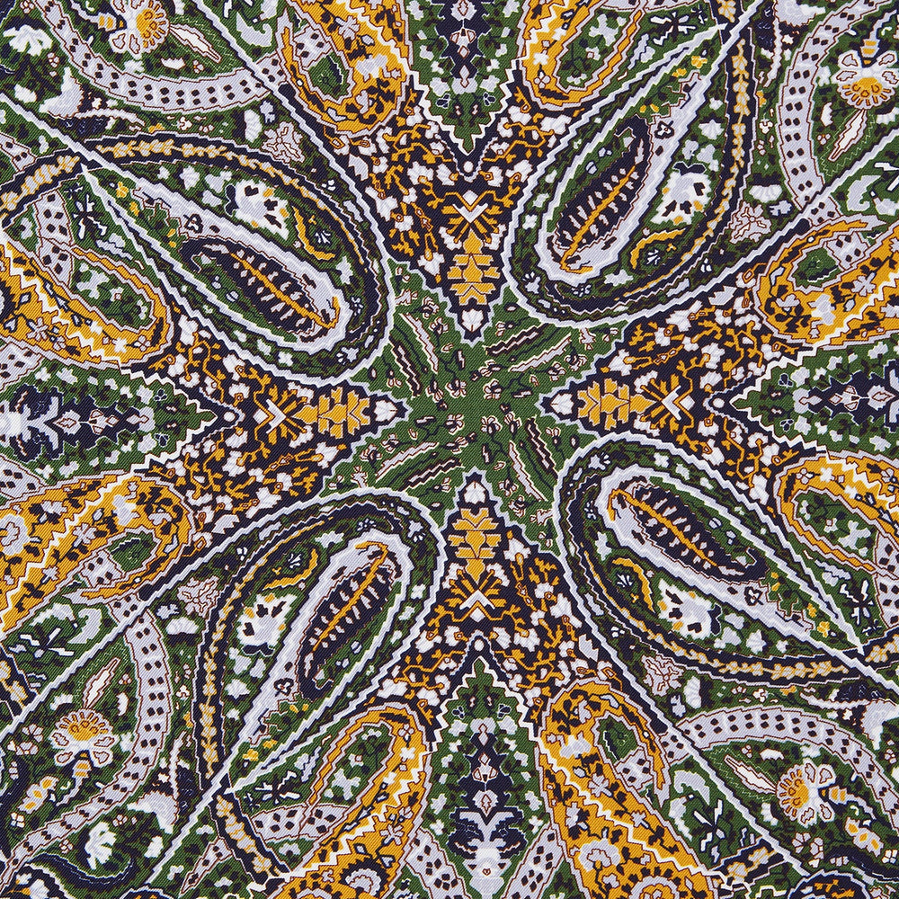 The Turnbull & Asser Lavender and Green Abstract Paisley Silk Pocket Square features a refined paisley design and is made in England.