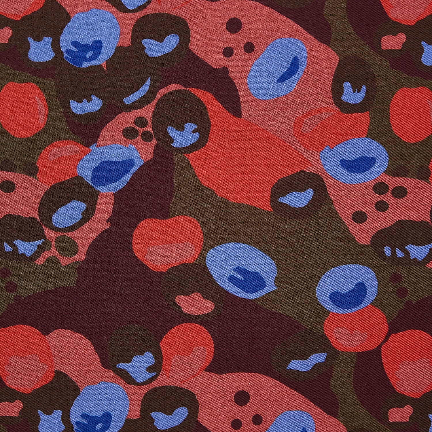 View 2 of product The Turnbull & Asser Green, Burgundy, and Pink Abstract Olives Silk Pocket Square features an abstract olive pattern with bold colors, a border, and corner text. Made in England.