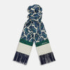 View 1 of product The Turnbull & Asser Green and Blue Paisley Silk Scarf features a blue and green paisley print on white, a solid cream section, a green stripe, and navy fringed ends.