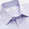 View 2 of product The Turnbull & Asser Lilac Multi Check Cotton Regular Fit Mayfair Shirt features a classic T&A collar and button-up design, shown laid flat in a light purple gingham pattern.
