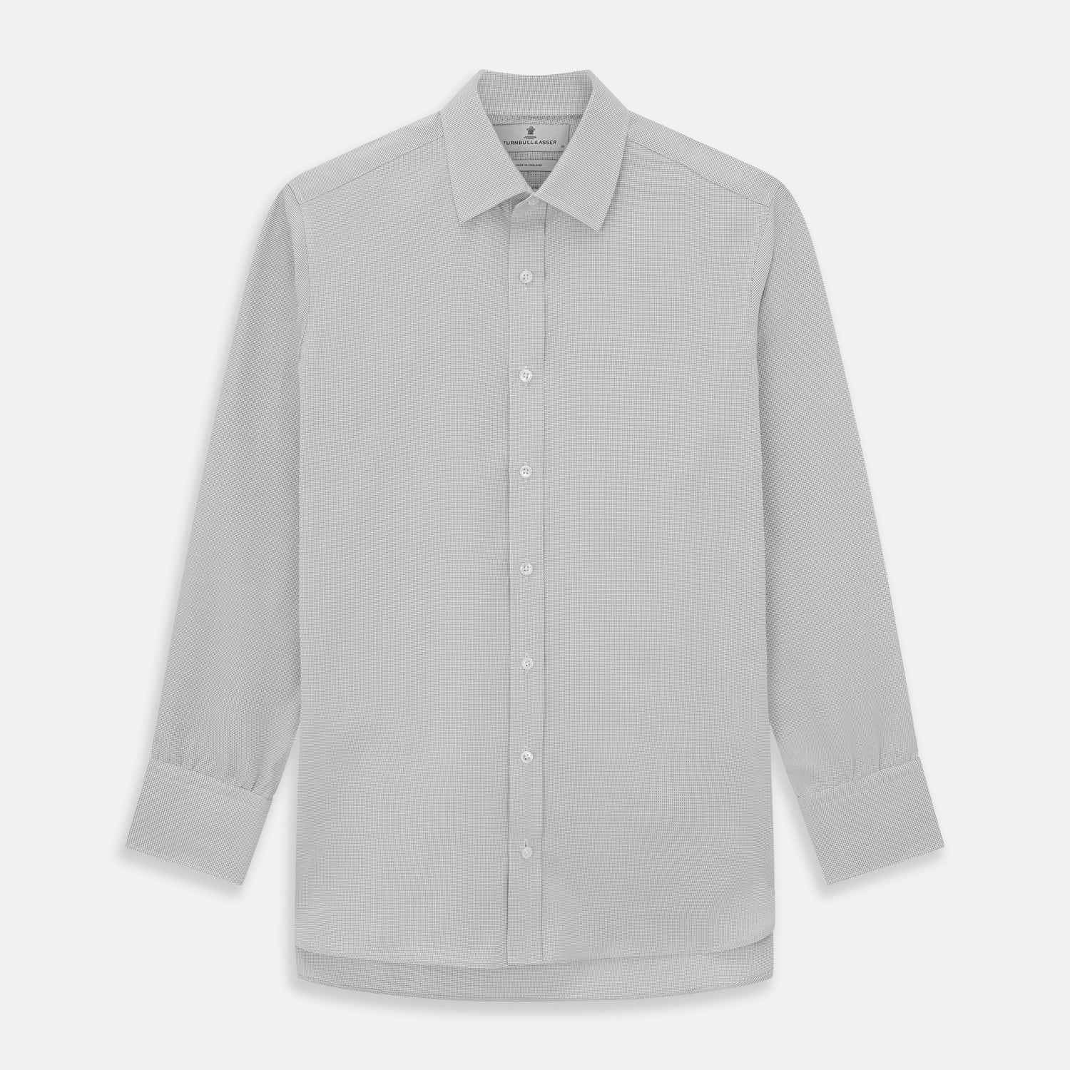 View 1 of product The Turnbull & Asser Silver Multi-Check Cotton Regular Fit Shirt features light gray cotton, a classic collar, buttoned cuffs, and a subtle silver check pattern—an essential for any men's wardrobe, shown flat on a white background.