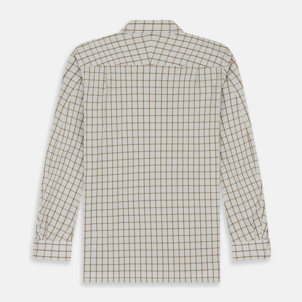 The Turnbull & Asser Brown Graph Overlay Check Piccadilly Shirt is a breathable cotton long-sleeve button-up with two chest pockets, in a beige and brown check pattern—ideal as your holiday fit shirt.
