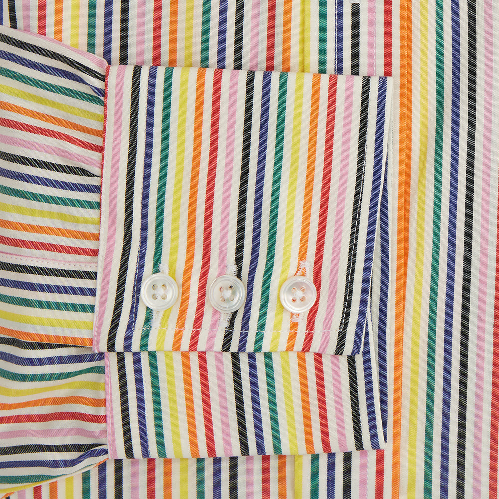 The MULTICOLOURED FELICIANO MAYFAIR SHIRT by Turnbull & Asser features vertical red, yellow, green, and blue stripes on white, a classic T&A collar, buttoned cuffs, and a rounded hem for timeless British style.