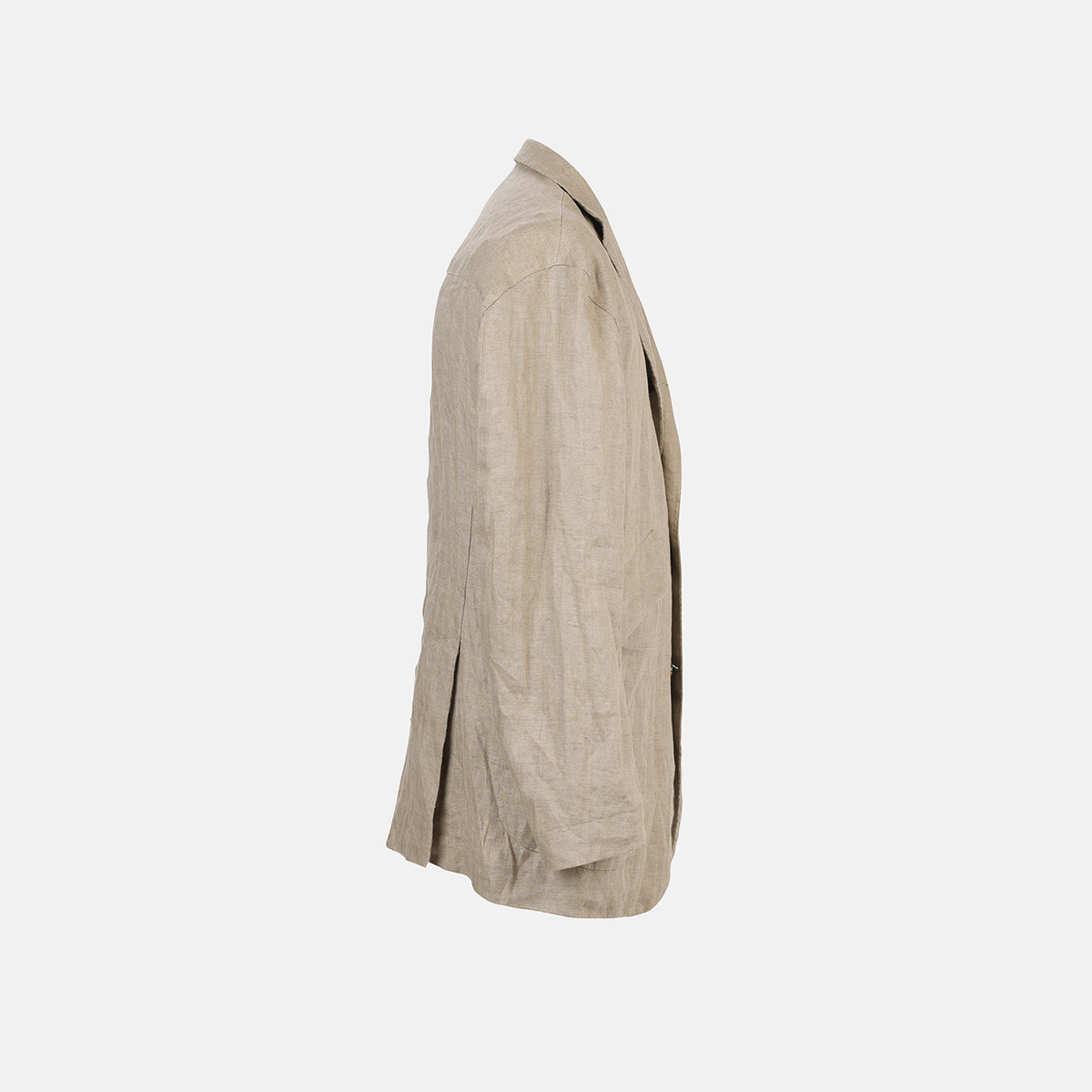 View 5 of product The Riviera Sand Oversized Blazer in Linen by Turnbull & Asser UK is showcased against a crisp white background. Featuring a relaxed, oversized silhouette in beige linen with two brown buttons, three front pockets, and a dark lining, this piece is perfect for effortless summer dressing.