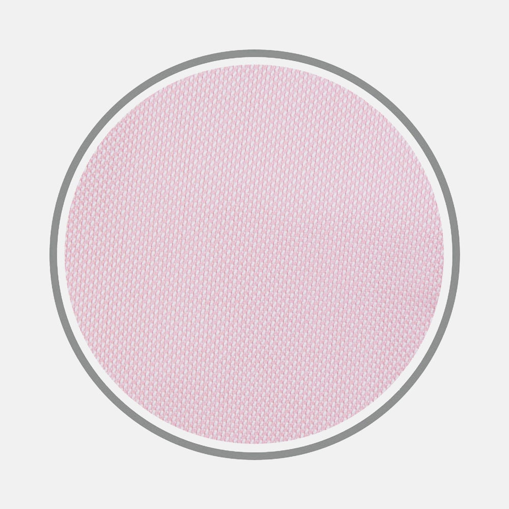 A circular pink fabric swatch from Turnbull & Asser’s BESPOKE FABRIC 0015 15, featuring a fine, even weave and gray border, displayed on a white background—ideal for custom shirting.