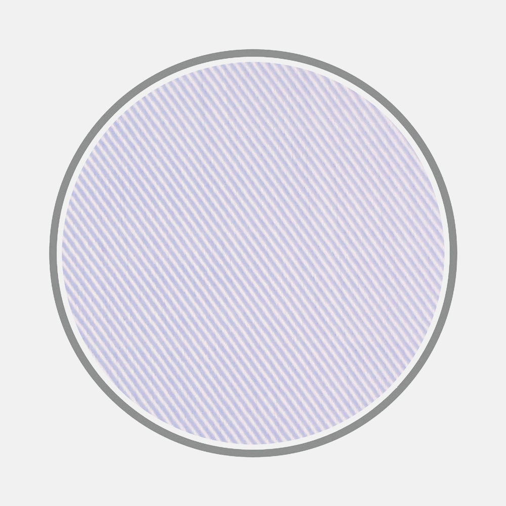 A circle with a thick gray outline, filled with diagonal light purple and white stripes on a white background, inspired by Turnbull & Asser's BESPOKE FABRIC 0016 07 and reminiscent of classic monogram shirt styles.