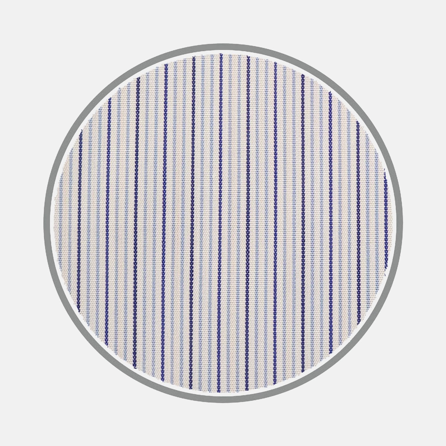 View 1 of product A circular swatch of Turnbull & Asser BESPOKE FABRIC 0069 32—white with thin vertical blue stripes, outlined in light gray—displayed on a plain white background; perfect for custom shirts.