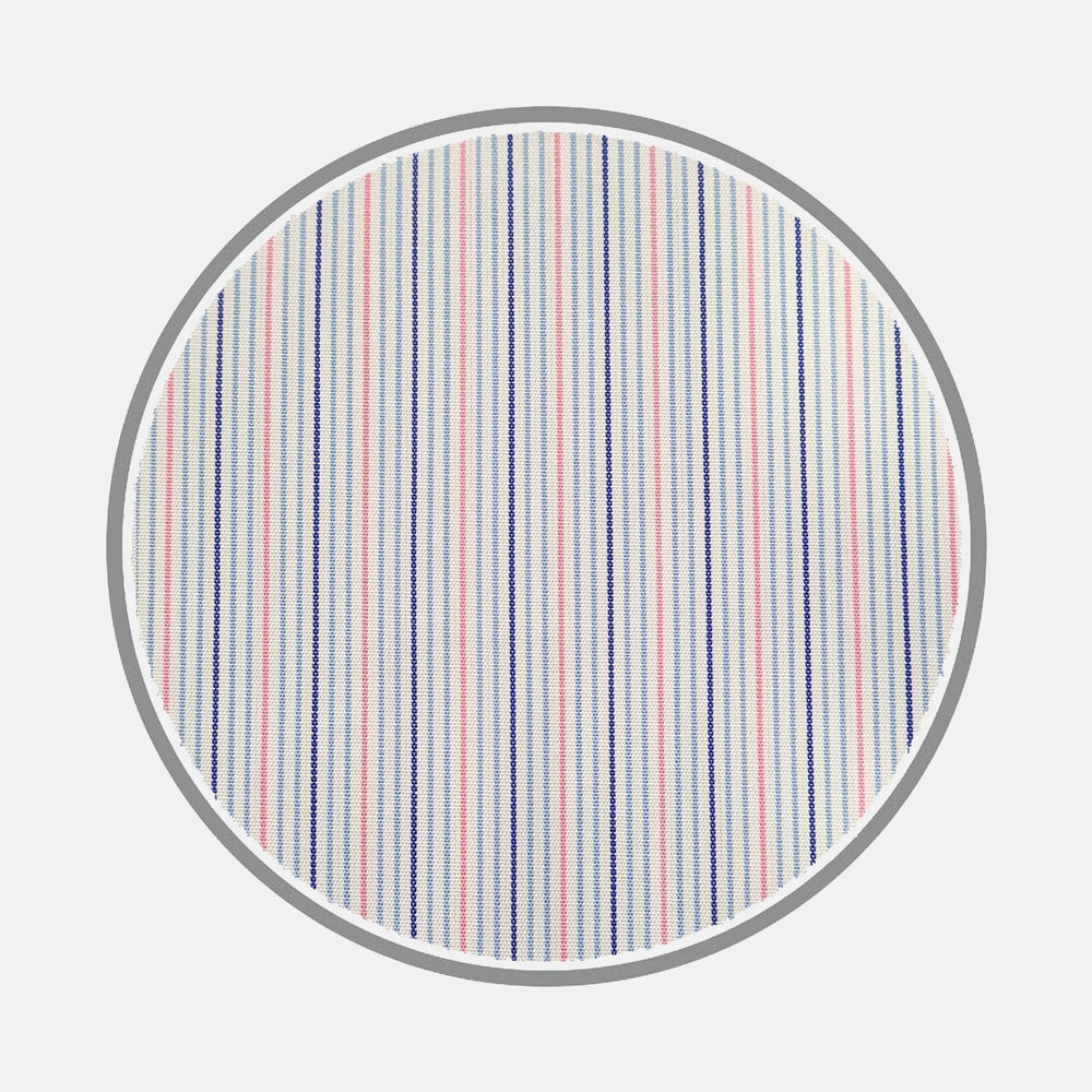 A round swatch of Turnbull & Asser’s BESPOKE FABRIC 0069 37 features vertical blue, pink, sage green, and white stripes with a gray circular border on a light background—ideal for custom shirt designs.