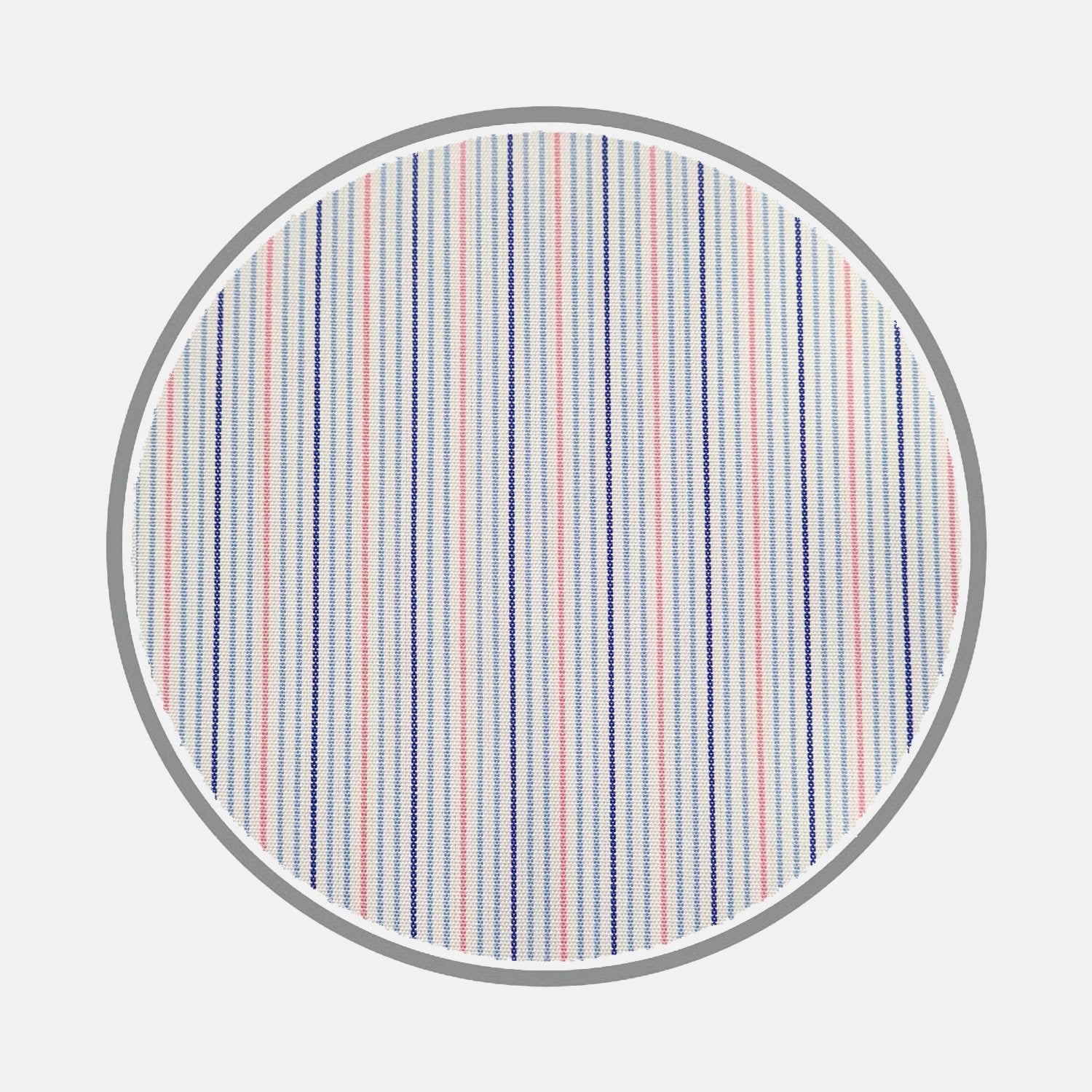 View 1 of product A round swatch of Turnbull & Asser’s BESPOKE FABRIC 0069 37 features vertical blue, pink, sage green, and white stripes with a gray circular border on a light background—ideal for custom shirt designs.