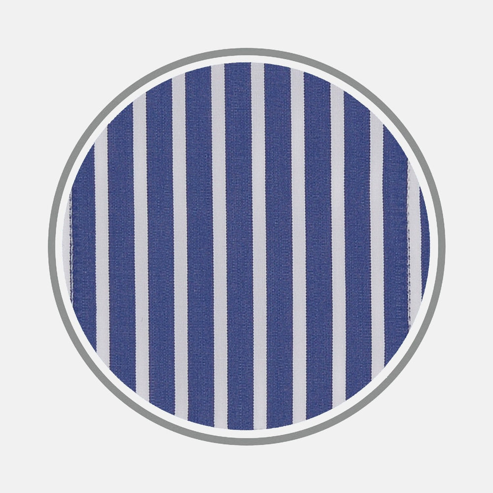 A close-up of Turnbull & Asser’s BESPOKE FABRIC 0076 05, featuring vertical blue and white stripes, is displayed in a circular frame on a light gray background.