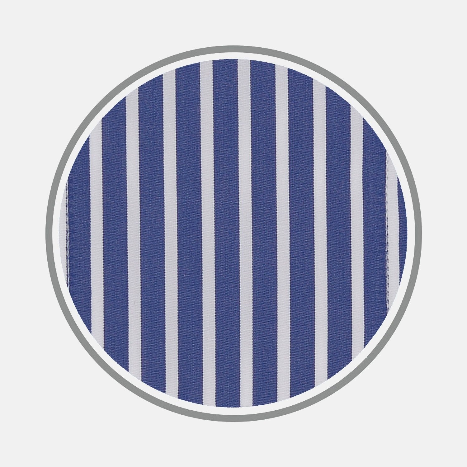 View 1 of product A close-up of Turnbull & Asser’s BESPOKE FABRIC 0076 05, featuring vertical blue and white stripes, is displayed in a circular frame on a light gray background.