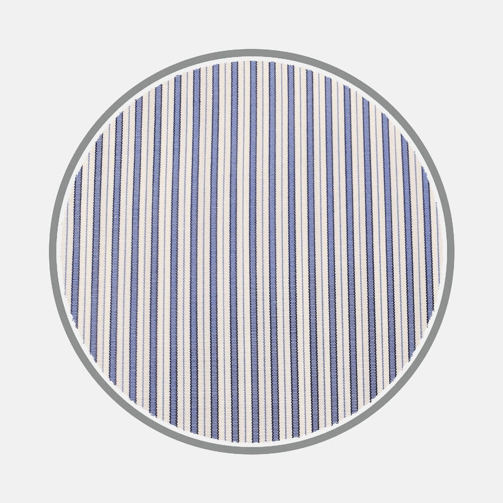 A circular swatch of BESPOKE FABRIC 0079 05 by Turnbull & Asser, showcasing vertical blue and white pinstripes with a gray border on white—a perfect choice for crafting your own custom shirt or exploring distinctive monogram styles.