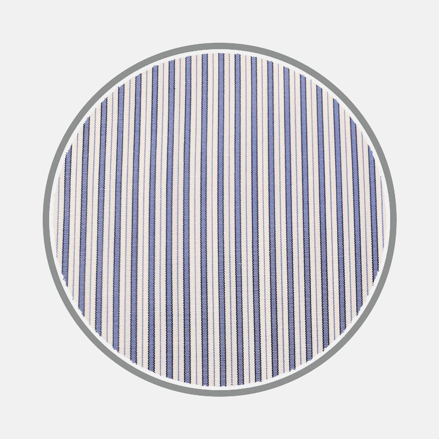 View 1 of product A circular swatch of BESPOKE FABRIC 0079 05 by Turnbull & Asser, showcasing vertical blue and white pinstripes with a gray border on white—a perfect choice for crafting your own custom shirt or exploring distinctive monogram styles.
