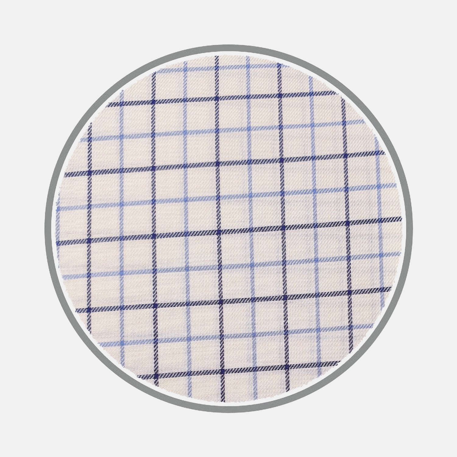View 1 of product BESPOKE FABRIC 0091 32 by Turnbull & Asser features a round white fabric with a blue and navy checkered grid and a gray circular border, evoking classic bespoke shirt fabrics, set against a plain white background.