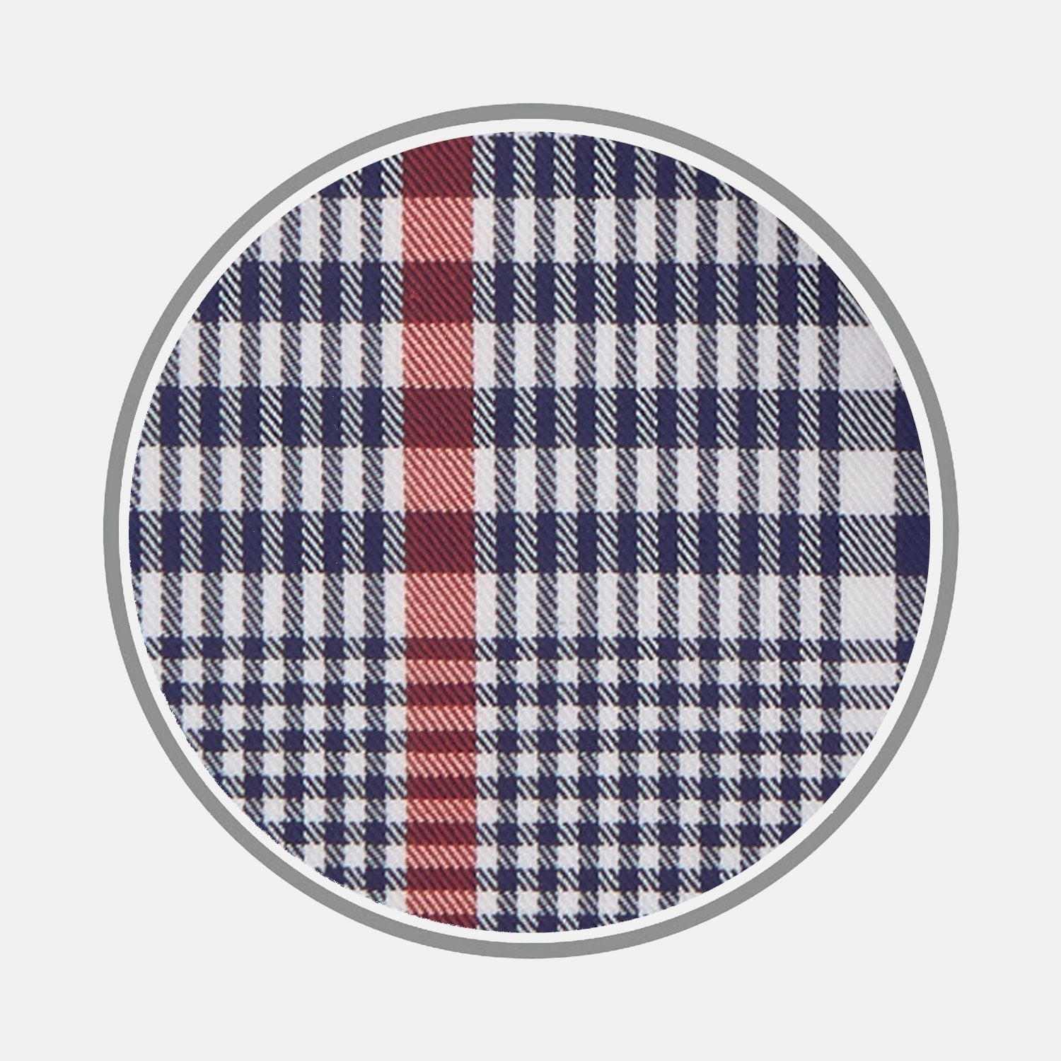View 1 of product A circular swatch of Turnbull & Asser's BESPOKE FABRIC 1079 08 shows a navy, red, and white plaid pattern with a grey border—ideal for custom shirt design or unique monograms on white.