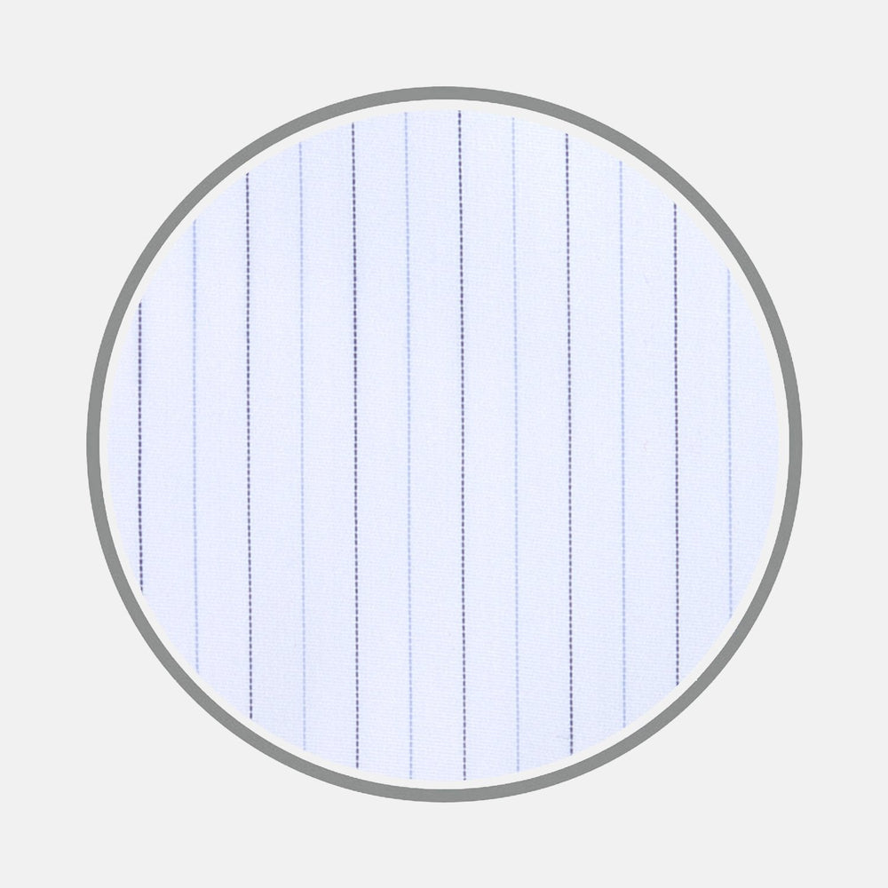A close-up of Turnbull & Asser's BESPOKE FABRIC 1089 32 shows white fabric with thin blue vertical pinstripes, ideal for custom shirts, displayed inside a circular gray border on a light gray background.
