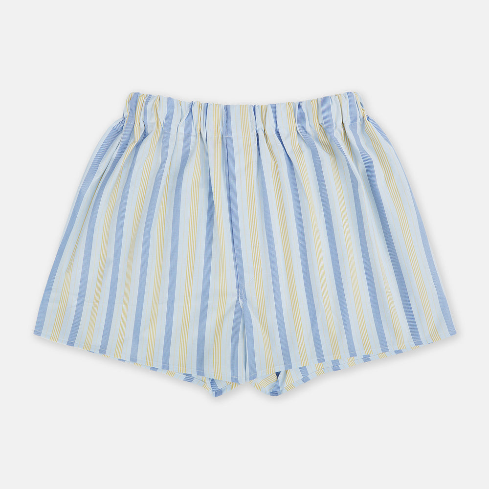 Blue and orange multi-stripe cotton boxer shorts with an elastic waistband, displayed flat on a white background—crafted in the classic style of Turnbull & Asser UK.