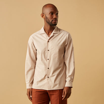 Beige Stripe Cotton Holiday Fit Shirt with Revere Collar & Single Button Cuff Image 7
