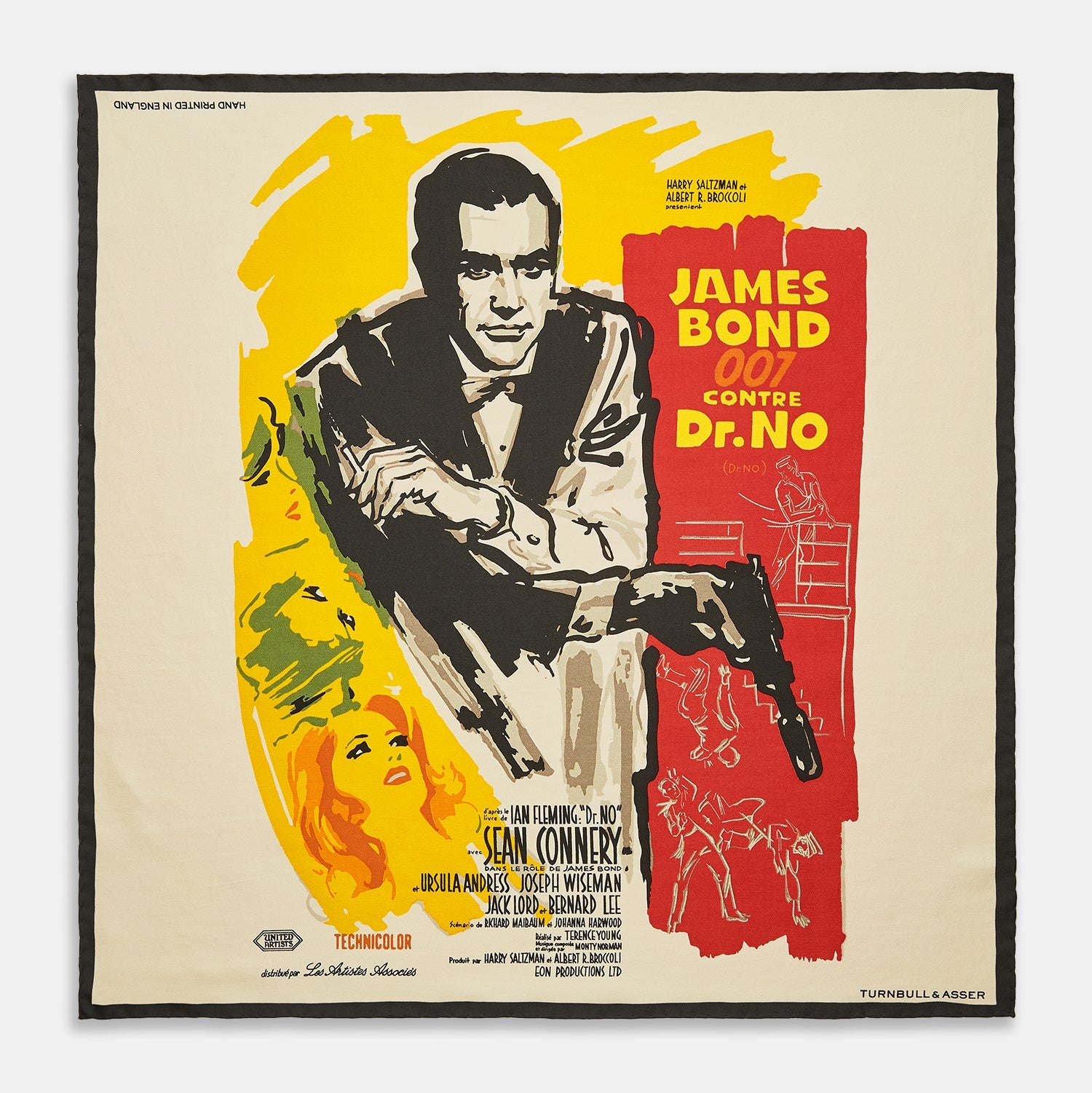View 1 of product Vintage French James Bond 007 Dr. No poster featuring Sean Connery inspires the Turnbull & Asser DR. NO Yellow and Blue Poster Silk Pocket Square—handmade in England with bold illustrated colors.