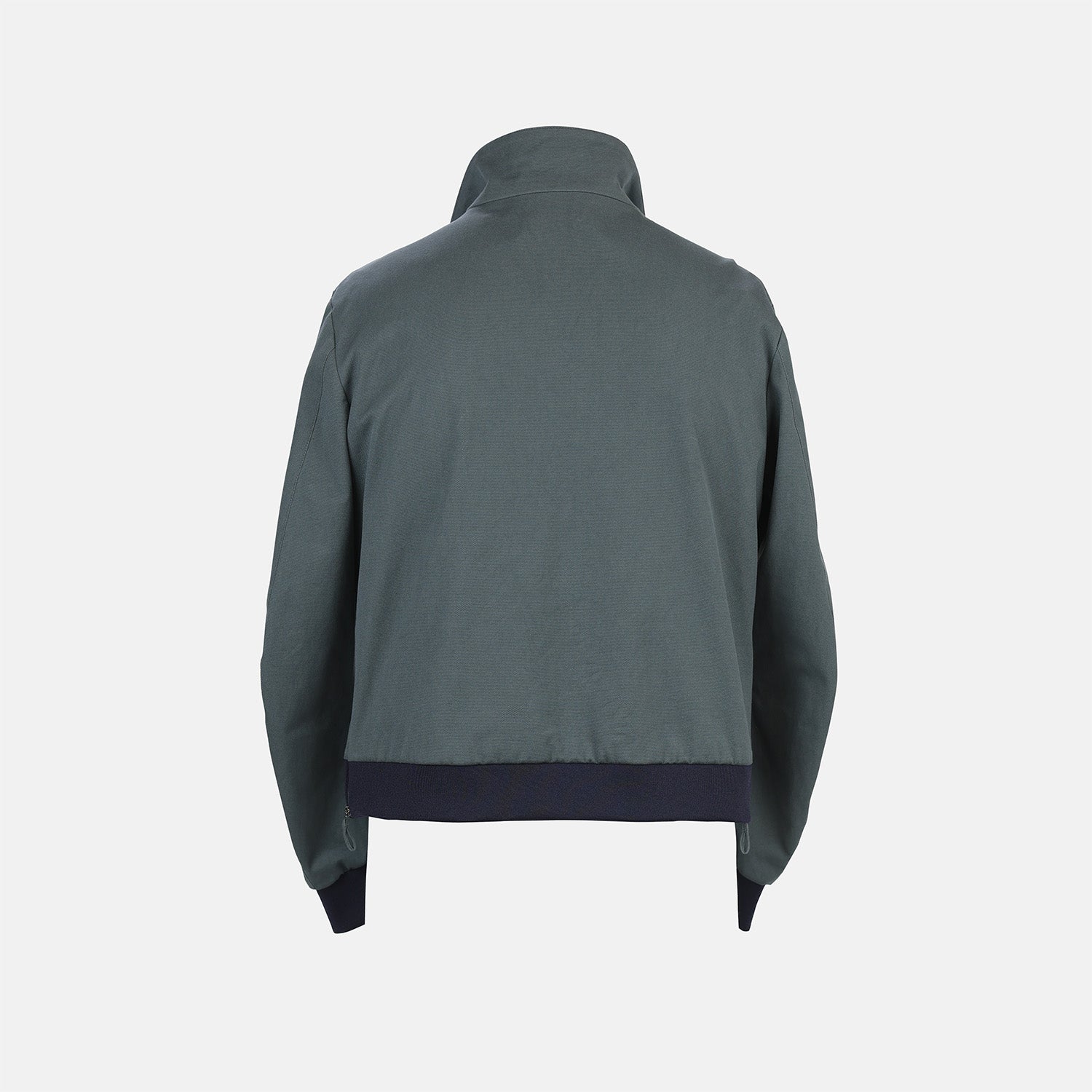 View 2 of product A Fairway Ash Grey Driving Jacket in Cotton by Turnbull & Asser UK, featuring a zip-up front, high collar, chest and side zip pockets, and dark ribbed cuffs and waistband; crafted from lightweight cotton for comfort and style, displayed on a plain white background.