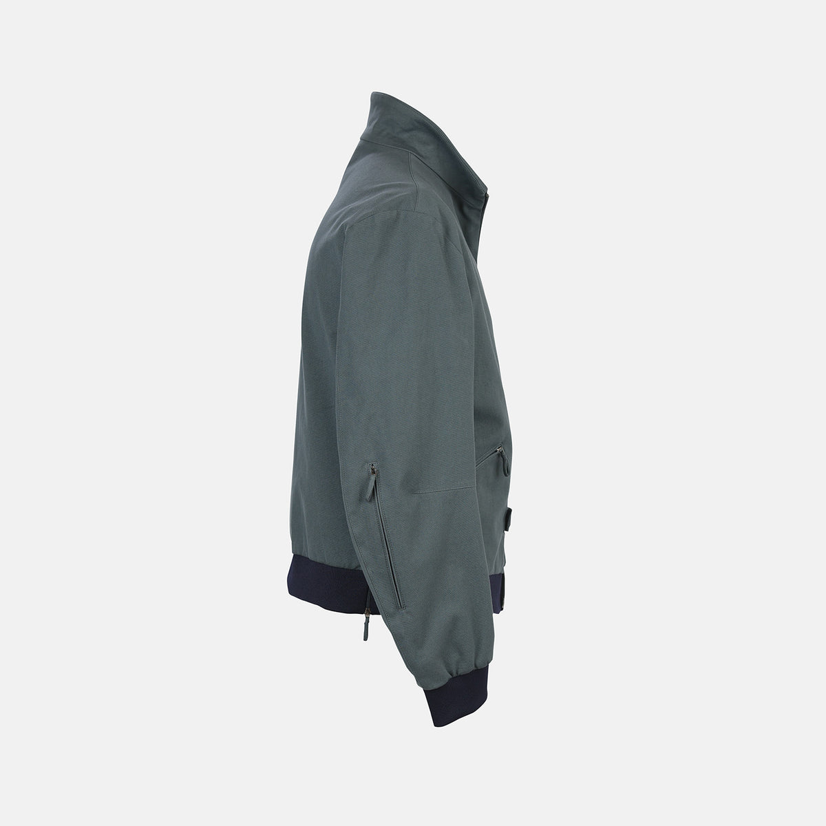View 5 of product The Fairway Ash Grey Driving Jacket in Cotton by Turnbull & Asser UK features a zip-up design with a raised collar, black ribbed cuffs and hem, and multiple zippered pockets. Photographed on a plain white background, this essential piece from the Driver’s Capsule Collection is an iconic addition to any motoring wardrobe.