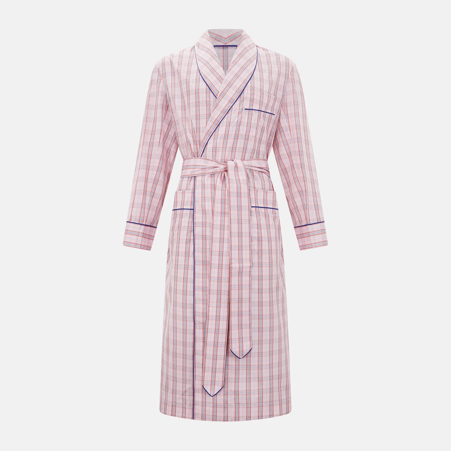 View 1 of product The Pink Check Cotton Gown by Turnbull & Asser UK is a long cotton dressing gown in a pink check pattern, featuring a belted waist, notched collar, long sleeves, and blue trim along the edges and pocket—perfect for relaxing in style.