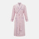 The Pink Check Cotton Gown by Turnbull & Asser UK is a long cotton dressing gown in a pink check pattern, featuring a belted waist, notched collar, long sleeves, and blue trim along the edges and pocket—perfect for relaxing in style.