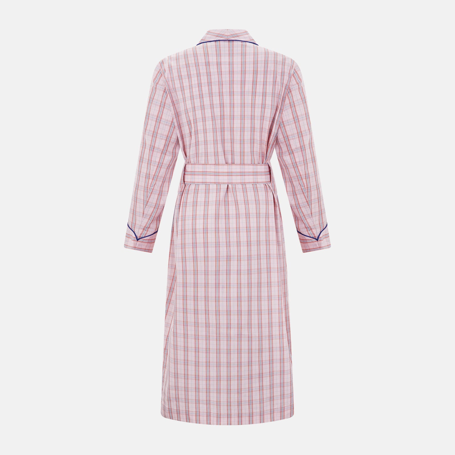 View 2 of product The Pink Check Cotton Gown by Turnbull & Asser UK is a long cotton dressing gown in a pink check pattern, featuring a belted waist, notched collar, long sleeves, and blue trim along the edges and pocket—perfect for relaxing in style.