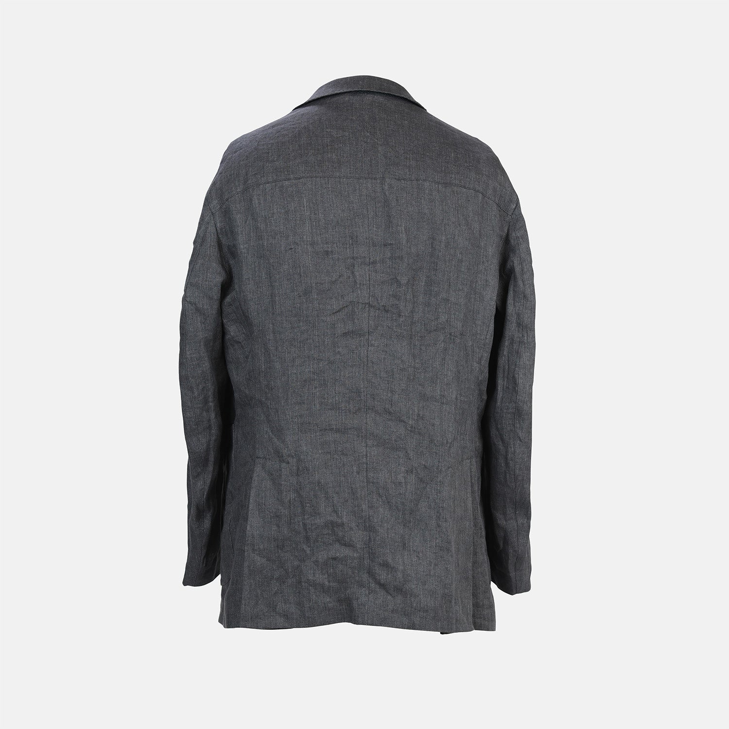 View 2 of product The Riviera Ash Oversized Blazer in Linen by Turnbull & Asser UK, showcased against a plain white background, features a single-breasted design in dark gray linen—ideal for summer tailoring—with two front buttons and large flap pockets. This jacket seamlessly combines classic style with breathable comfort.