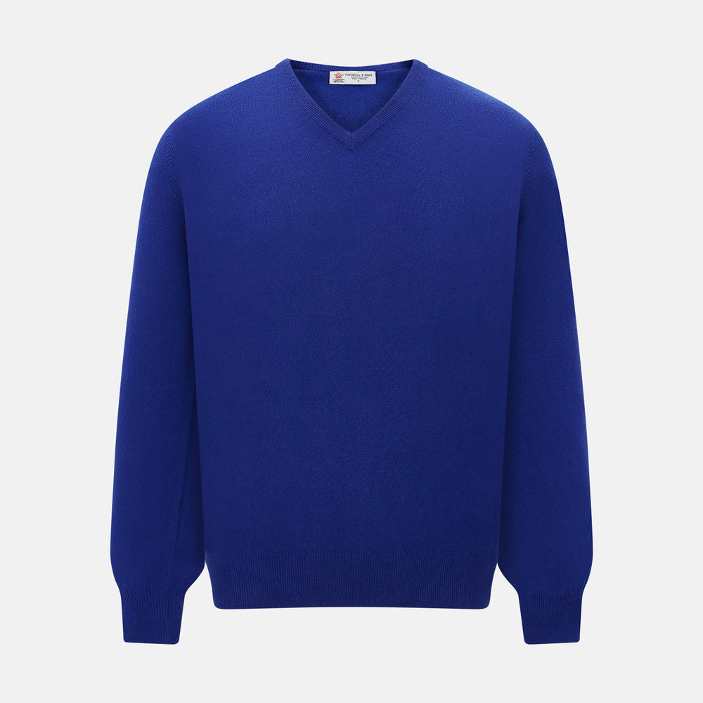 The Royal Blue long-sleeve V-neck jumper in cashmere from Turnbull & Asser UK is displayed against a white background.