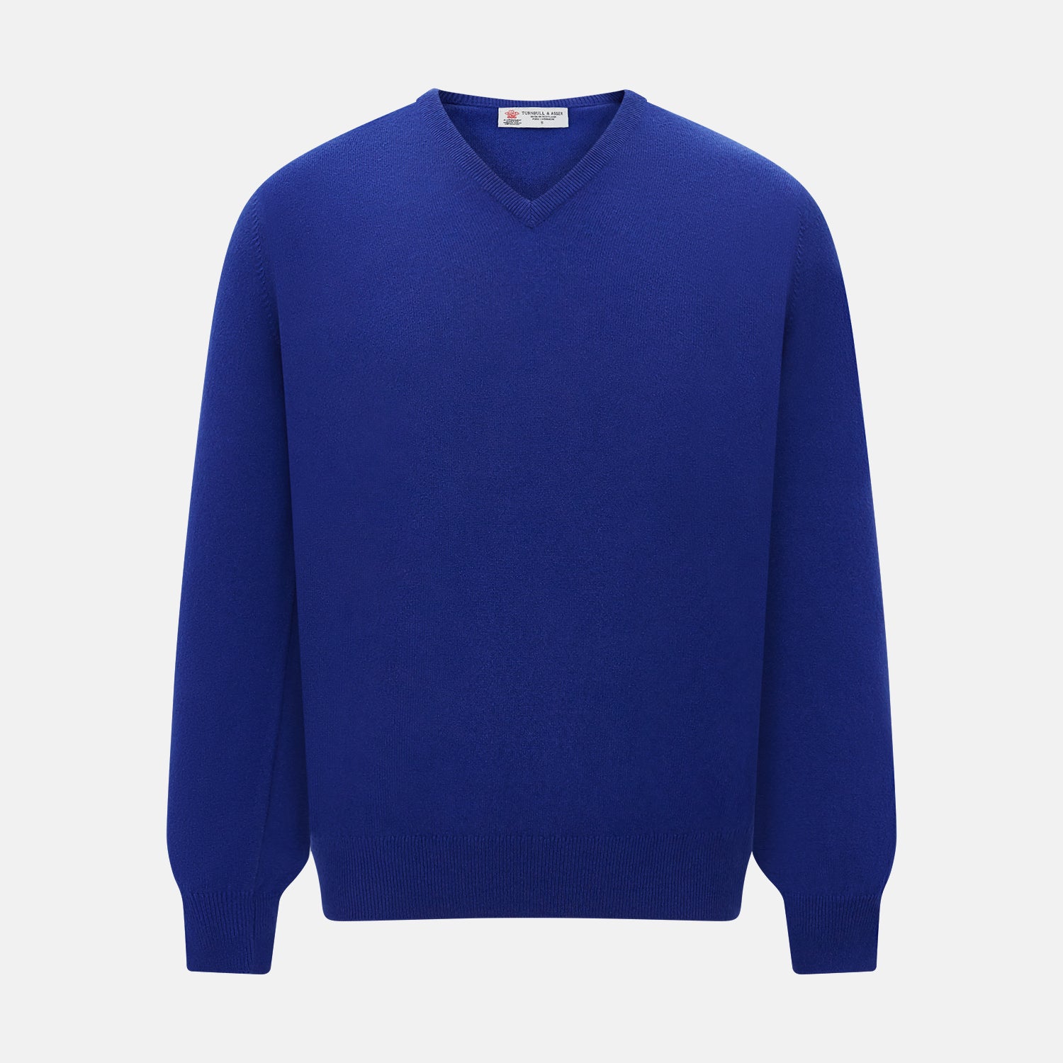View 1 of product The Royal Blue long-sleeve V-neck jumper in cashmere from Turnbull & Asser UK is displayed against a white background.